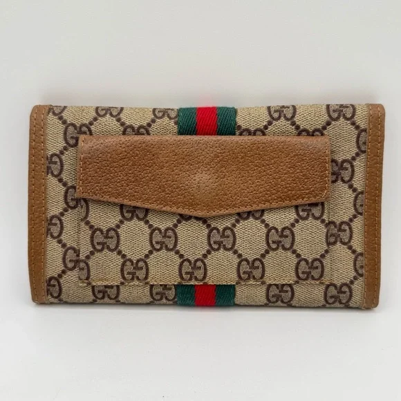Vintage Gucci Trifold Monogrammed Clutch Brown Tan - Picture 2 of 15